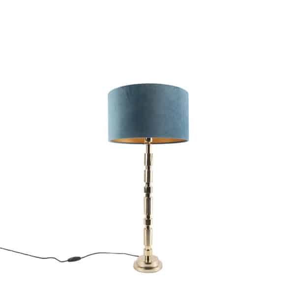 QAZQA Art Deco Tischlampe Gold Samtschirm Blau 35 cm - Torre