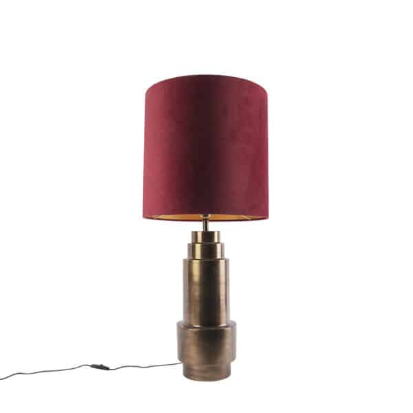 QAZQA Art Deco Tischlampe Bronze Veloursschirm Rot mit Gold 50cm - Bruut