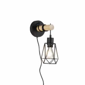 QAZQA Ländliche Wandlampe schwarz mit Holz - Dami Frame