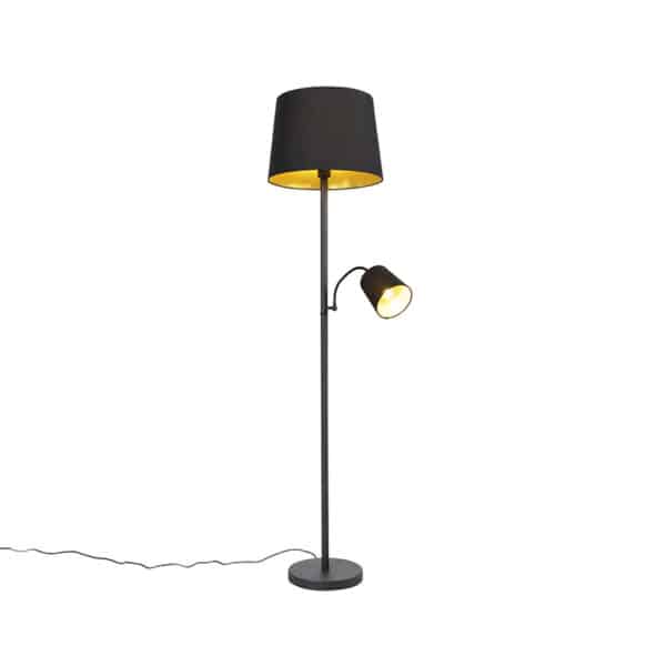 QAZQA Klassische Stehlampe schwarz mit Gold und Leselicht - Retro