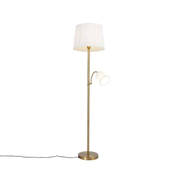 QAZQA Klassische Stehlampe bronzefarbener Stoffschirm weiß mit Leselampe - Retro