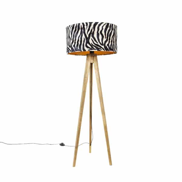 QAZQA Vintage Stehlampe Holzschirm Zebra Design 50 cm - Tripod Classic