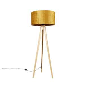 QAZQA Stehlampe Holz mit Stoffschirm gold 50 cm - Stativ Classic