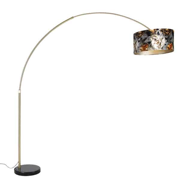 QAZQA Bogenlampe Messing mit schwarzem Schirm Blumenmuster 50 cm - XXL