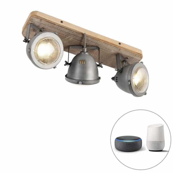 QAZQA Smart Spot Stahl mit Holz neigbar inkl. 3 WiFi GU10 - Emado