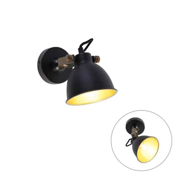 QAZQA Industrielle Wandlampe schwarz mit Gold verstellbar - Liko