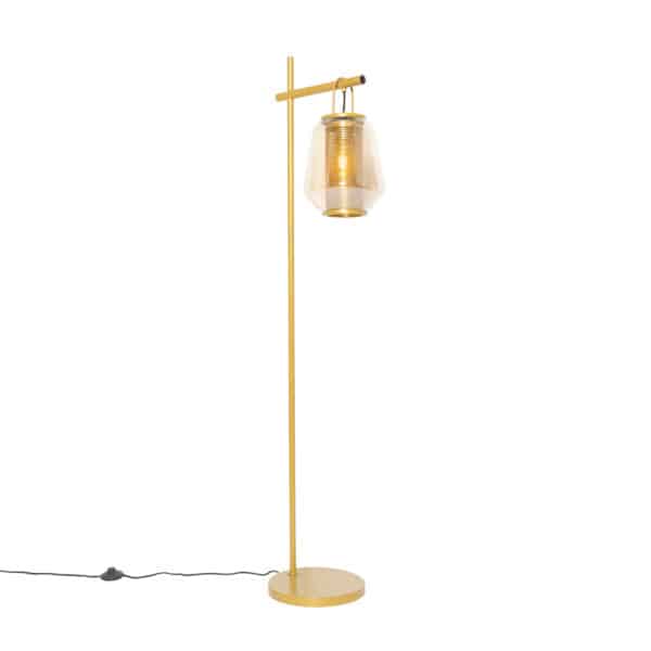 QAZQA Art Deco Stehlampe Gold mit Bernsteinglas - Kevin