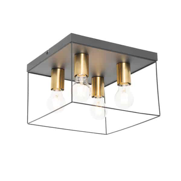 QAZQA Minimalistische Deckenlampe schwarz mit goldenem 4-Licht-Quadrat - Kodi