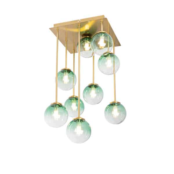 QAZQA Art-Deco-Deckenlampe Gold mit grünem Glas 9 Lichter - Athen