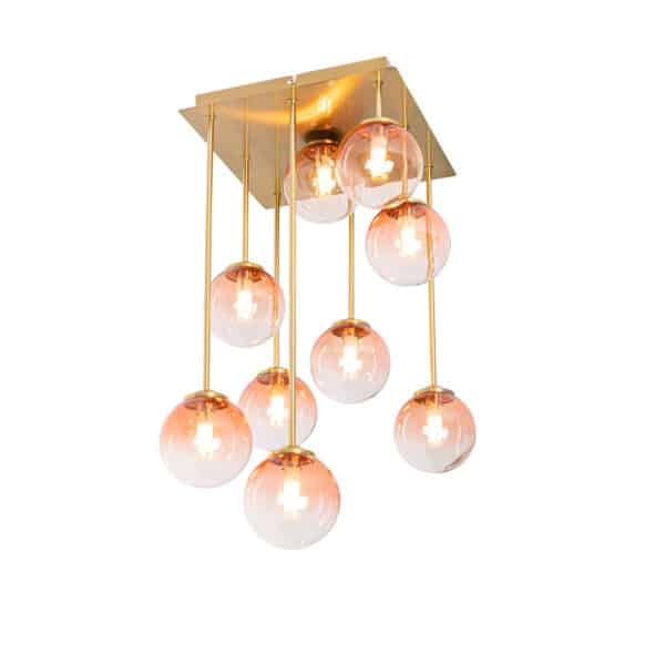 QAZQA Art-Deco-Deckenlampe Gold mit rosa Glas 9 Lichter - Athen