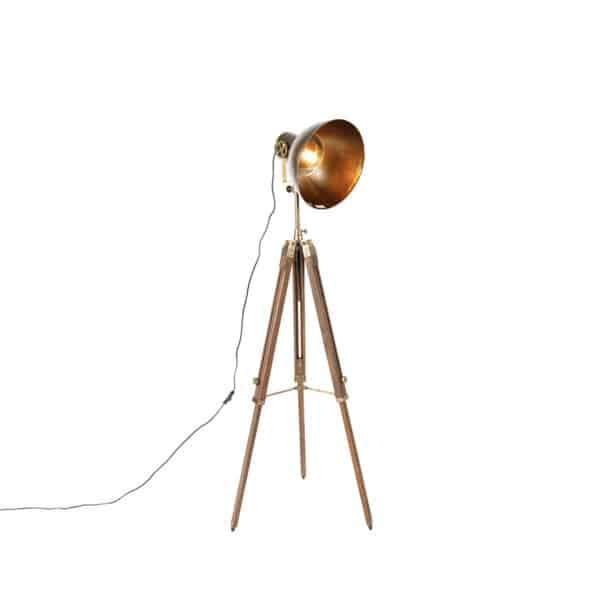 QAZQA Industrielle Dreibein-Stehlampe Bronze mit Holz - Mangos