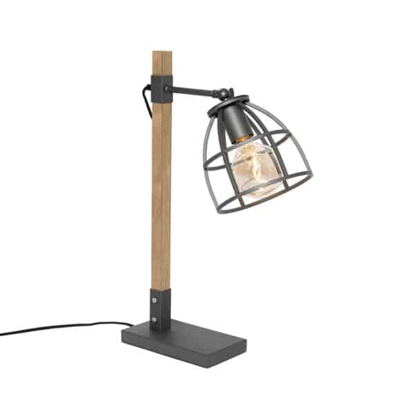 QAZQA Industrielle Tischlampe dunkelgrau mit Holz - Arthur