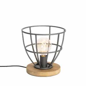 QAZQA Industrielle Tischlampe dunkelgrau mit rundem Holz - Arthur