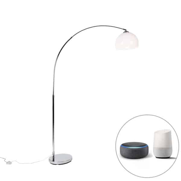 QAZQA Smarte Bogenlampe Chrom mit weißem Schirm inkl. Wifi A60 - Arc Basic