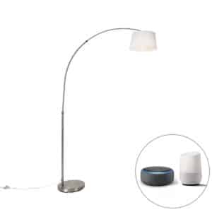 QAZQA Smarte Bogenlampe Stahl mit weißem Stoffschirm inkl. Wifi A60 - Arc Basic