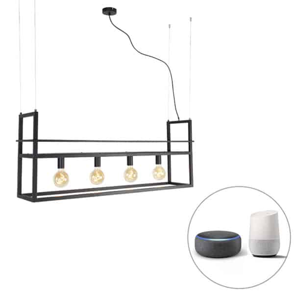 QAZQA Smarte Hängelampe schwarz mit Gestell groß 4-flammig inkl. Wifi G95 - Cage Rack