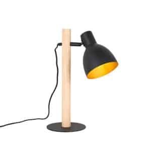 QAZQA Ländliche Tischlampe schwarz mit Holz – Flint