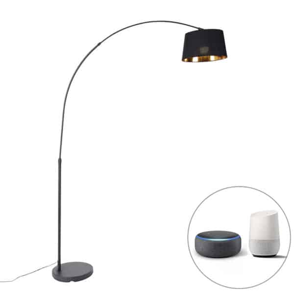 QAZQA Smarte Bogenlampe schwarz mit Gold inkl. Wifi A60 - Arc Basic