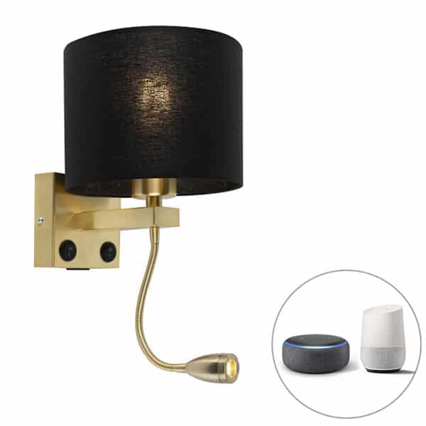 QAZQA Smarte Wandleuchte Gold mit USB und schwarzem Schirm inkl. WLAN A60 - Brescia