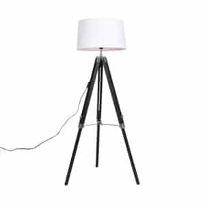 QAZQA Stehlampe schwarz mit weißem Leinenschirm 45 cm - Tripod