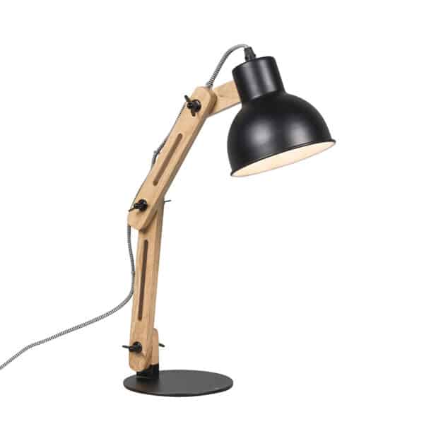 QAZQA Industrielle Tischlampe schwarz mit Holz - Woodi