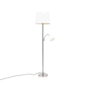 QAZQA Klassische Stehlampe Stahl mit weißem Schirm und Leselampe - Retro