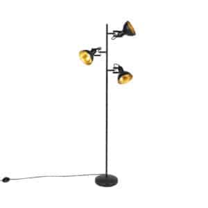 QAZQA Industrielle Stehlampe schwarz mit goldenen 3 Lichtern - Tommy