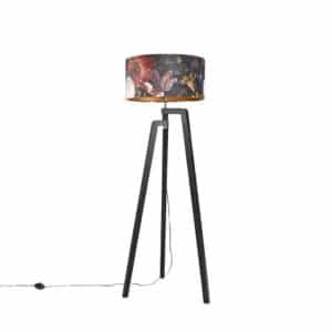 QAZQA Tripod Stehleuchte schwarz mit Schirm Blumenmuster 50 cm - Puros