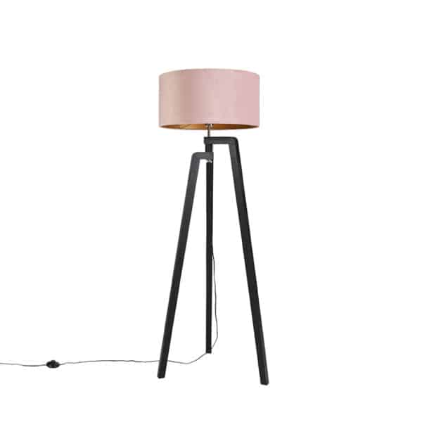 QAZQA Stehlampe Stativ schwarz mit rosa Schirm und Gold 50 cm - Puros