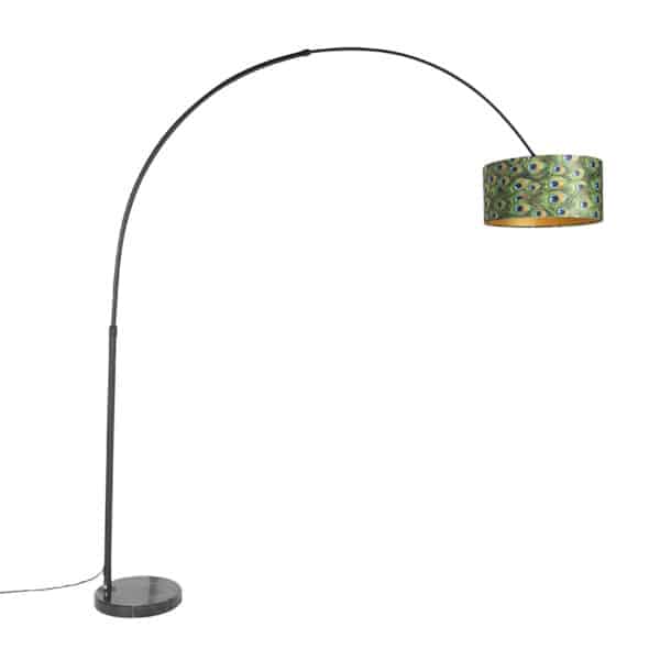 QAZQA Botanische Bogenlampe schwarzer Samtschirm Pfau Design 50 cm - XXL