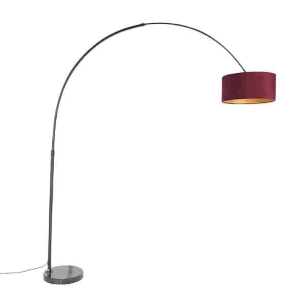 QAZQA Bogenlampe schwarz Veloursschirm rot mit Gold 50 cm - XXL