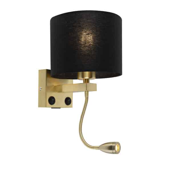 QAZQA Art Deco Wandlampe Gold mit USB und schwarzem Schirm - Brescia