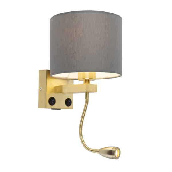 QAZQA Art Deco Wandlampe Gold mit USB und grauem Schirm - Brescia